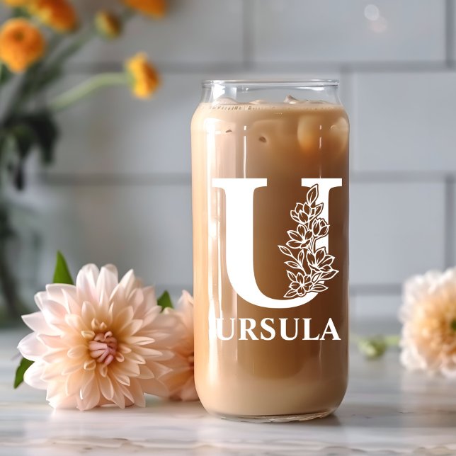Floral Letter U Monogram Personalised Name White Can Glass (Creator Uploaded)