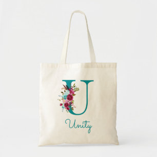 Floral Letter U Script Monogram Teal Pink Tote Bag