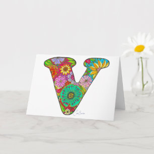 Floral Letter V Greeting Card - Blank Inside