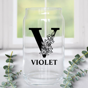 Floral Letter V Monogram and Personalised Name Can Glass
