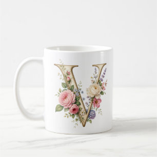 Floral Letter V Vintage Garden Flower Mug