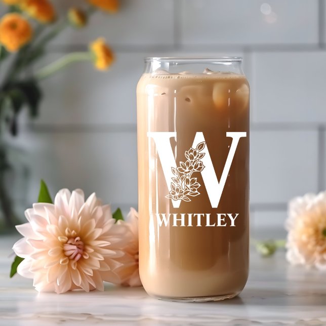 Floral Letter W Monogram Personalised Name White Can Glass (Creator Uploaded)