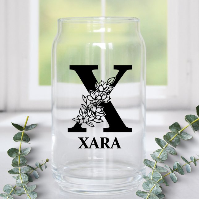 Floral Letter X Monogram and Personalised Name Can Glass (Creator Uploaded)