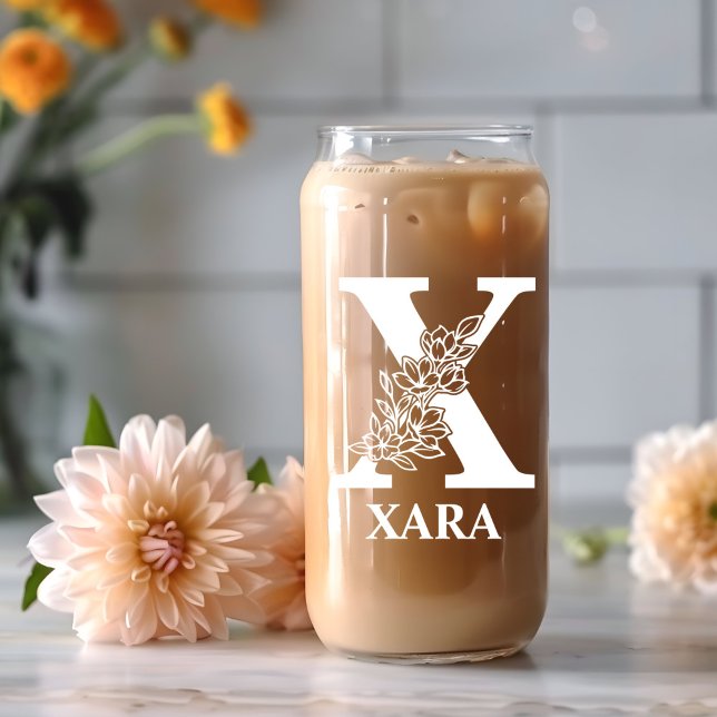 Floral Letter X Monogram Personalised Name White Can Glass (Creator Uploaded)
