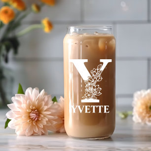 Floral Letter Y Monogram Personalised Name White Can Glass
