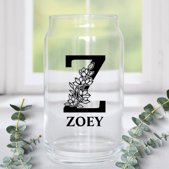 Floral Letter Z Monogram and Personalised Name Can Glass (Creator Uploaded)
