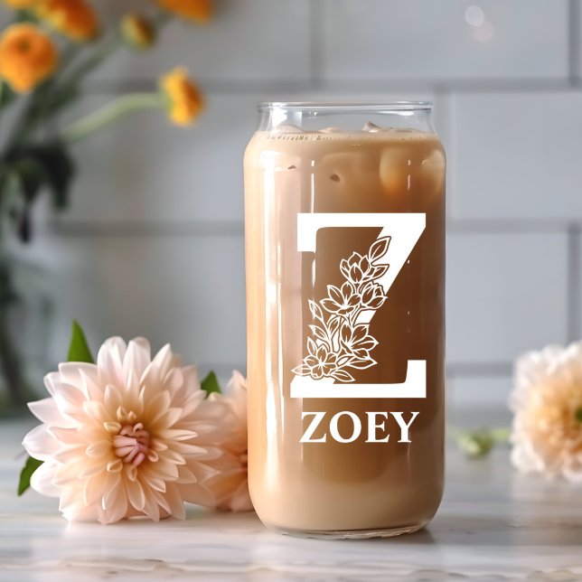 Floral Letter Z Monogram Personalised Name White Can Glass (Creator Uploaded)