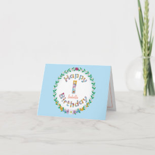 Floral letterI monogram Personalised Birthday Card