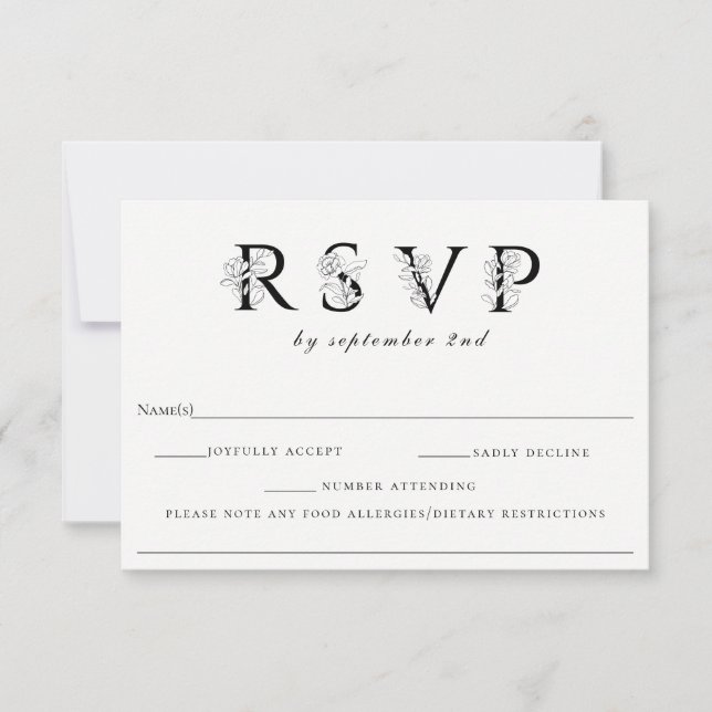 Floral Letters Wedding RSVP With Allergy Note Card (Front)