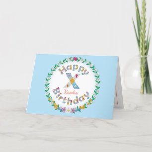 Floral letterX monogram Personalised Birthday Card