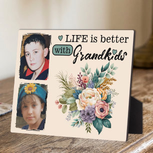 Floral life is better 2 photo Grandkids green Plaque