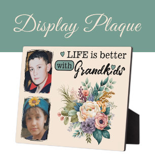 Floral life is better 2 photo Grandkids green Plaque