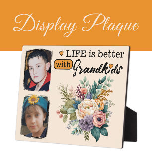 Floral life is better 2 photo Grandkids orange Plaque