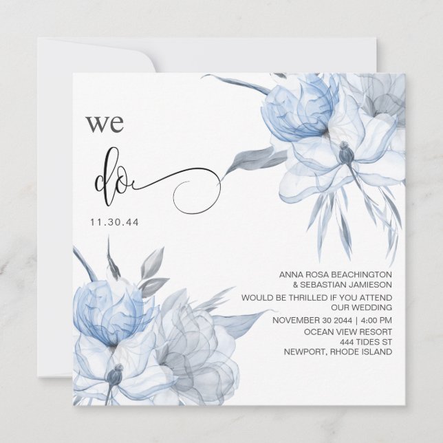 *~* Floral Light Blue Bouquet AR15 QR RSVP WEDDING Invitation (Front)
