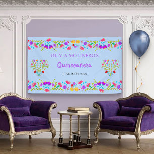 Floral Light Blue Mexican Quinceanera Welcome Banner