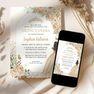 Floral Light Gold Princess Birthday Quinceanera Invitation