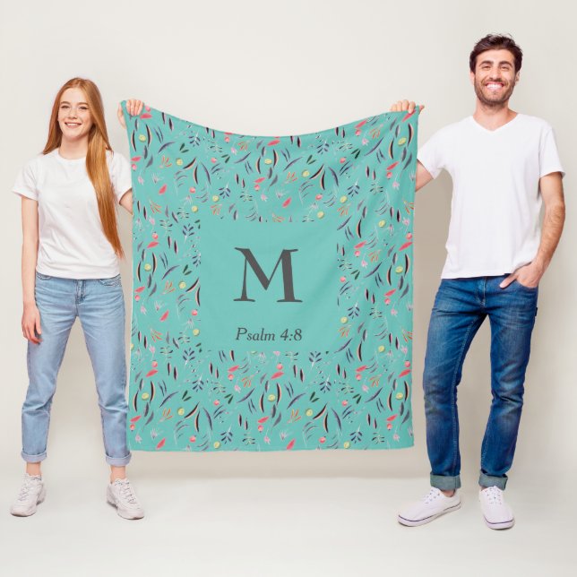 FLORAL Light Teal | MONOGRAM | Christian Fleece Blanket (In Situ)
