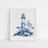 Floral Lighthouse – Coastal Blue on Beige Wall Art