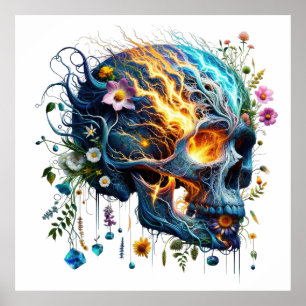 Floral Lightning Skull Poster