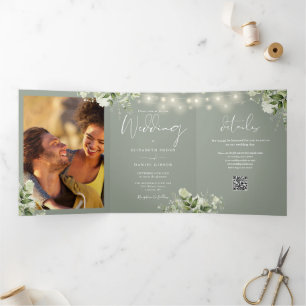 Floral Lights 2 Photo QR Code Sage Green Wedding Tri-Fold Invitation