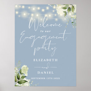 Floral Lights Dusty Blue Engagement Welcome Sign