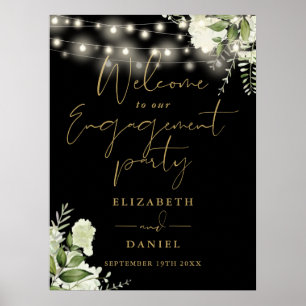 Floral Lights Gold Black Engagement Welcome Sign