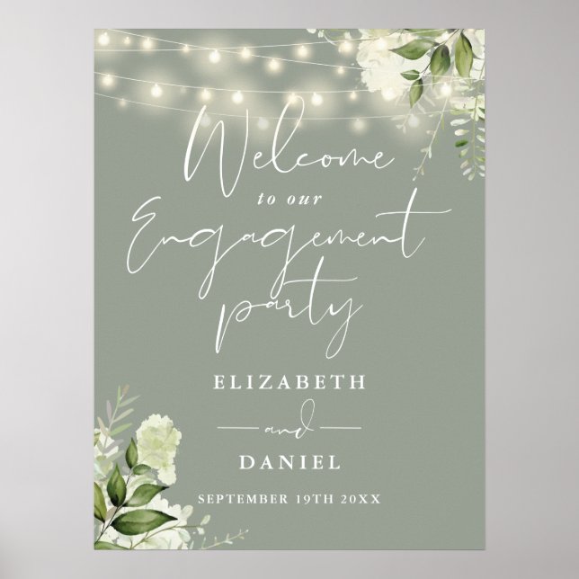 Floral Lights Sage Green Engagement Welcome Sign (Front)