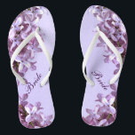 Floral Lilac Flowers Wedding Bridal Flip Flops<br><div class="desc">Lilacs are the theme of these elegant floral Bride wedding flip flops with pink and mauve lilac flowers on a purple background.  The text can be customised for your special occasion.</div>