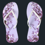 Floral Lilac Flowers Wedding Bridal Flip Flops<br><div class="desc">Lilacs are the theme of these elegant floral Bride wedding flip flops with pink and mauve lilac flowers on a purple background.  The text can be customised for your special occasion.</div>