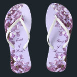 Floral Lilac Flowers Wedding Maid of Honour Jandals<br><div class="desc">Lilacs are the theme of these elegant floral Maid of Honour wedding flip flops with pink and mauve lilac flowers on a purple background.  The text can be customised for your special occasion.</div>