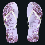 Floral Lilac Flowers Wedding Mother of the Bride Jandals<br><div class="desc">Lilacs are the theme of these elegant floral Mother of the Bride wedding flip flops with pink and mauve lilac flowers on a purple background.  The text can be customised for your special occasion.</div>