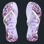 Floral Lilac Flowers Wedding Mother of the Groom Jandals<br><div class="desc">Lilacs are the theme of these elegant floral Mother of the Groom wedding flip flops with pink and mauve lilac flowers on a purple background.  The text can be customised for your special occasion.</div>