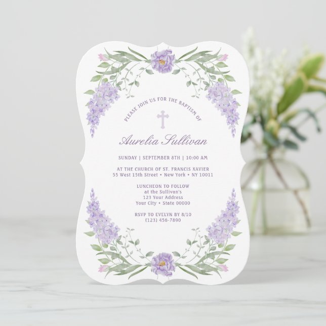 Floral Lilac Frame Baptism Invitation (Standing Front)
