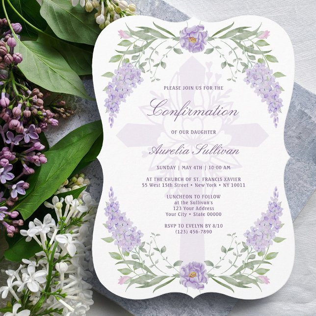 Floral Lilac Frame Holy Cross Confirmation Invitation (Creator Uploaded)
