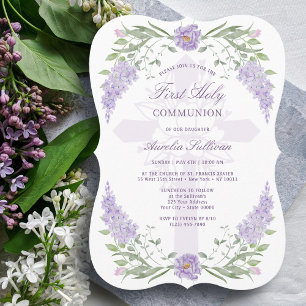 Floral Lilac Frame Holy Cross First Communion Invitation