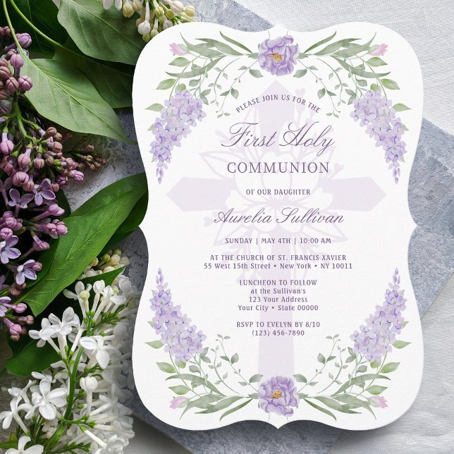 Floral Lilac Frame Holy Cross First Communion Invitation (Creator Uploaded)