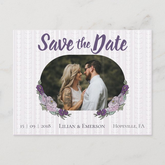 Floral Lilac & Lavender Custom Photo Save the Date Announcement Postcard (Front)