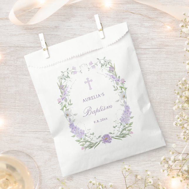 Floral Lilac Lavender Frame Baptism Favour Bags (Clipped)