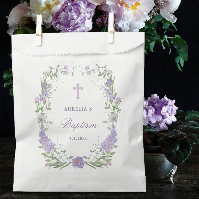 Floral Lilac Lavender Frame Baptism Favour Bags (Creator Uploaded)