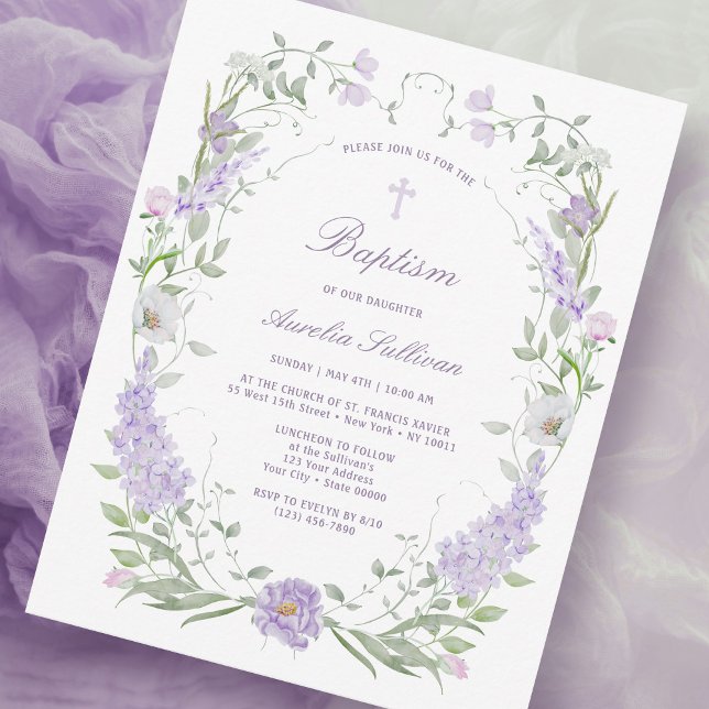Floral Lilac Lavender Frame Baptism Invitation (Creator Uploaded)