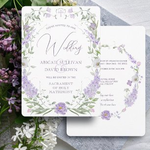 Floral Lilac Lavender Frame Catholic Wedding Invitation