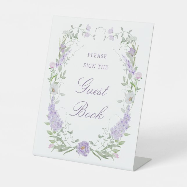 Floral Lilac Lavender Frame Guest Book Pedestal Sign (Front)