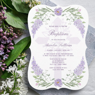 Floral Lilac Lavender Frame Holy Cross Baptism Invitation