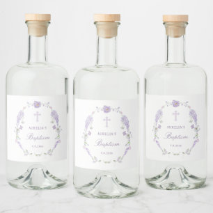 Floral Lilac Lavender Wreath Baptism Liquor Bottle Label