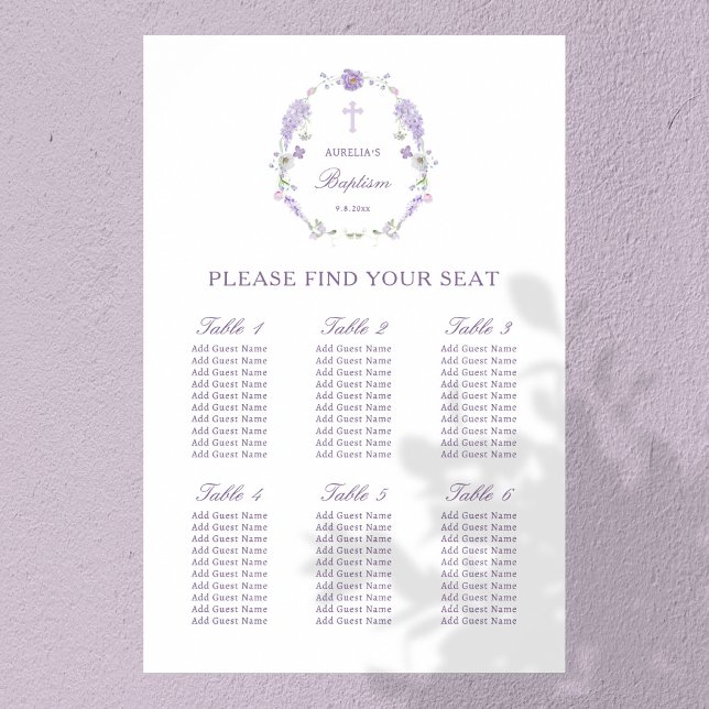 Floral Lilac Lavender Wreath Baptism Seating Chart (Creator Uploaded)
