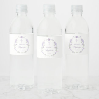 Floral Lilac Lavender Wreath Baptism Water Bottle Label