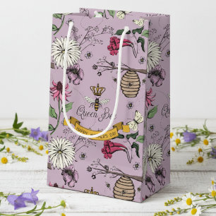 Floral Lilac Queen Bee, Beehive & Flowers Small Gift Bag