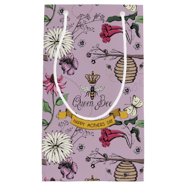  Floral Lilac Queen Bee, Beehive & Flowers Small Gift Bag (Front)