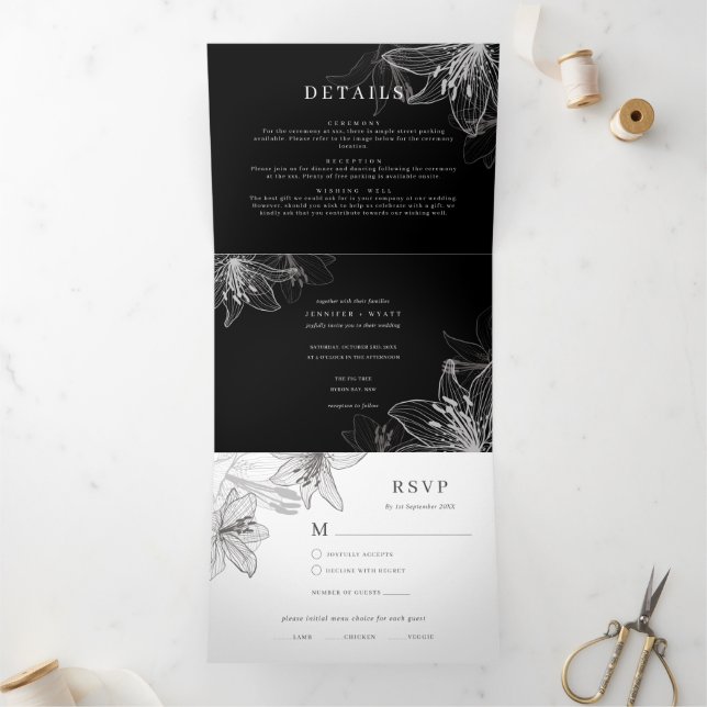 Floral Lilies B&W Trifold All In One Invitation (Inside)