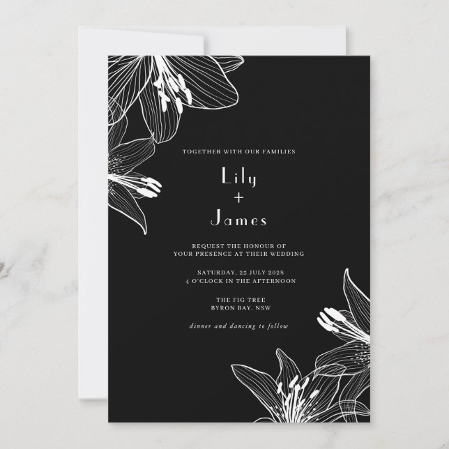 Floral Lilies Black and White Wedding Invitation (Front)